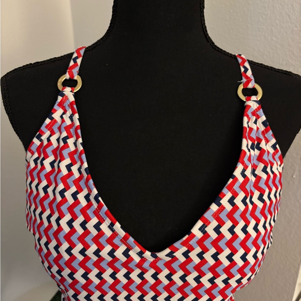 Red and Blue Chevron Patterned Swimsuit